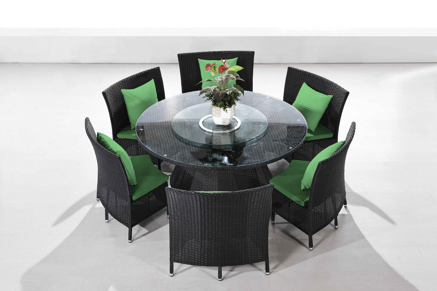 Nightingdale Black 7-Piece Rattan Outdoor Dining Set with Green Cushions
