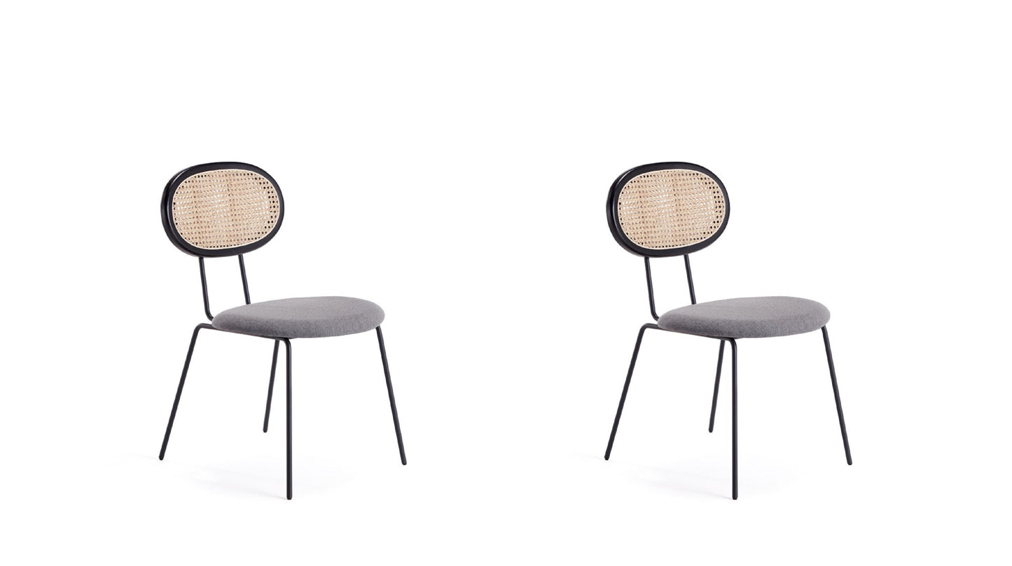 Jardin Dining Chair in Black with Cane and Grey Upholstered Seating - Set of 2