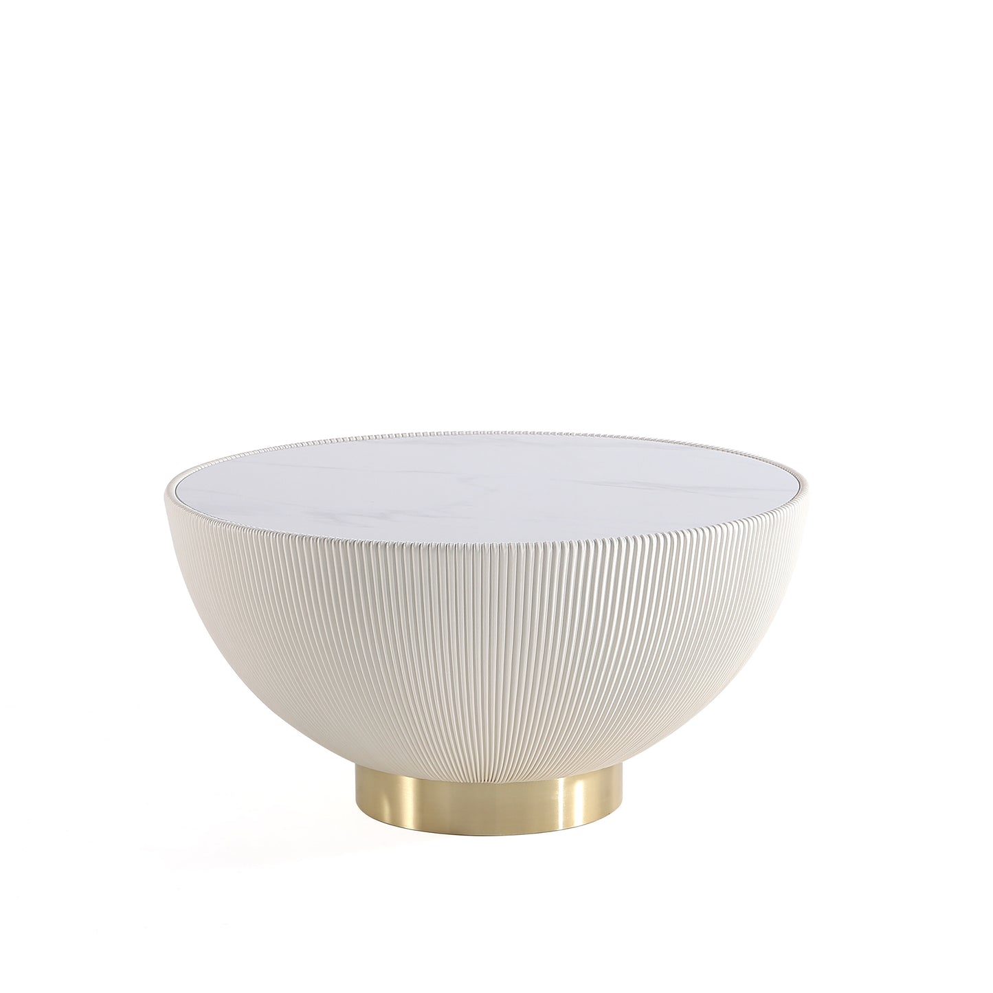 Modern Anderson Coffee Table Upholstered in Cream Leatherette with Ceramic Faux Marble Tabletop