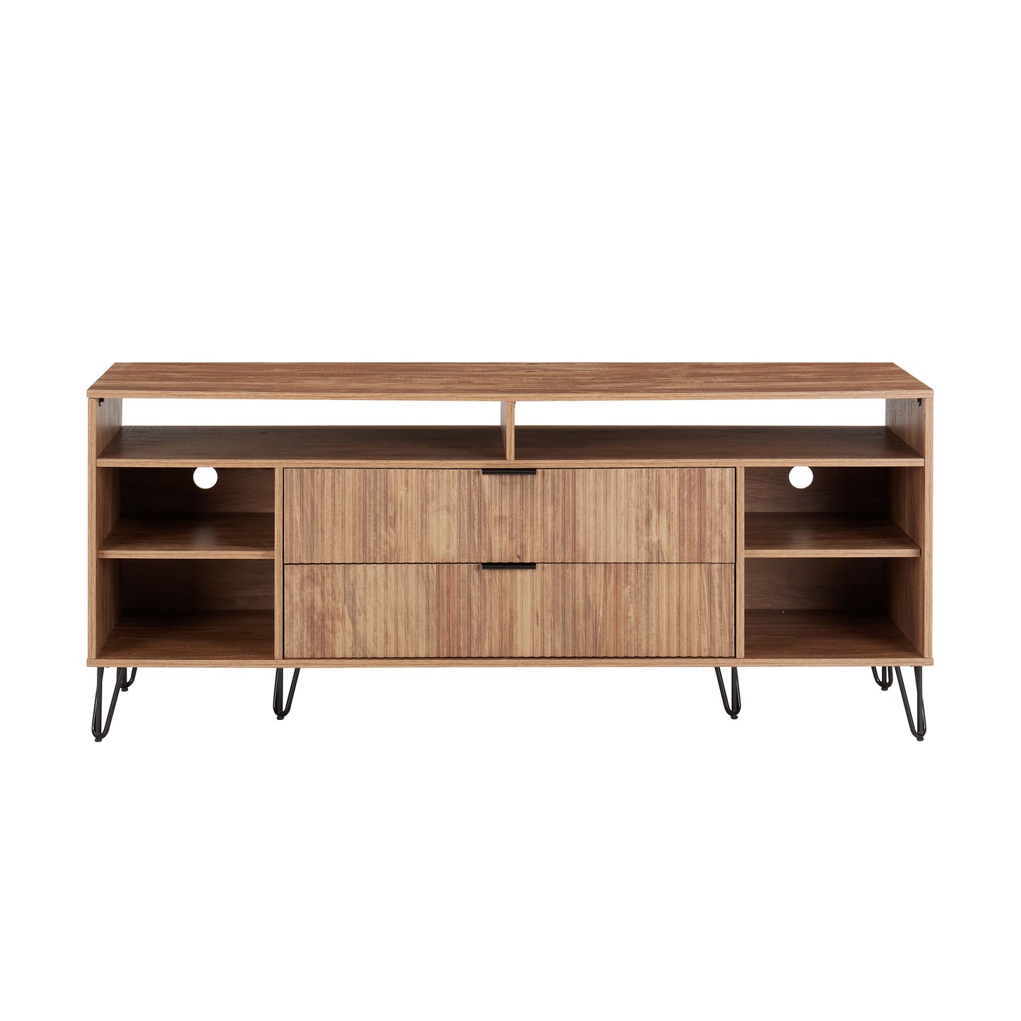 DUMBO 63" Mid-Century Modern TV Stand with 6 Shelves and 2 Drawers in Golden Brown
