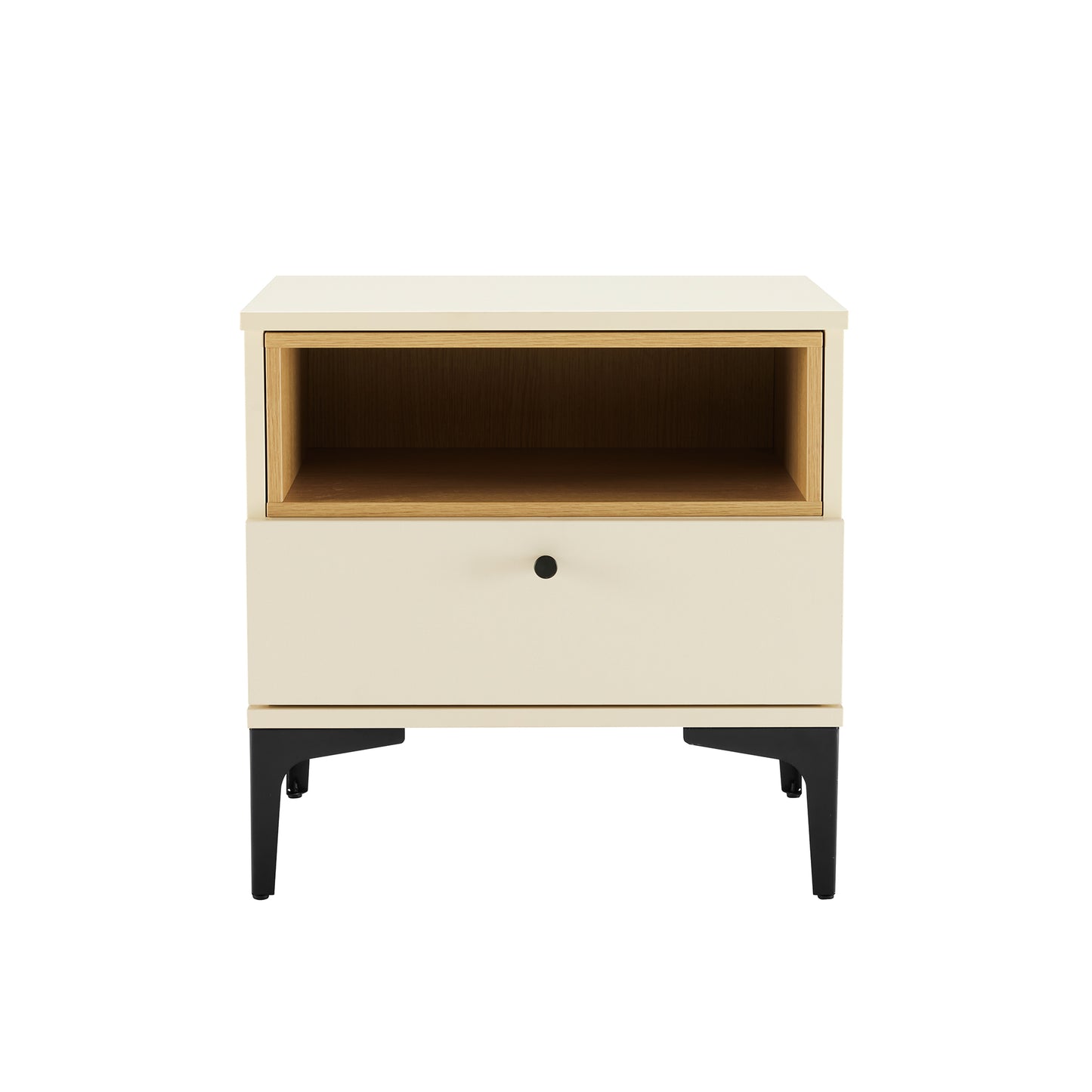 Modern Amara Nightstand with 1 Full Extension Drawer and Metal Legs in Cream and Natural Oak