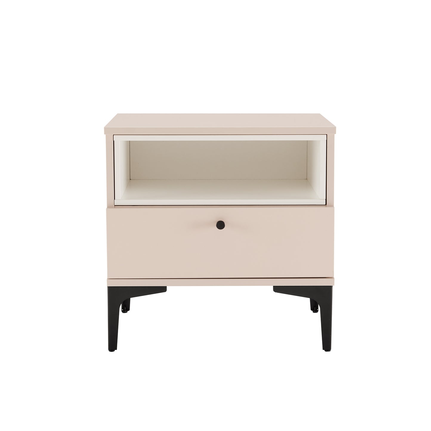 Modern Amara Nightstand with 1 Full Extension Drawer and Metal Legs in Pale Rose and White
