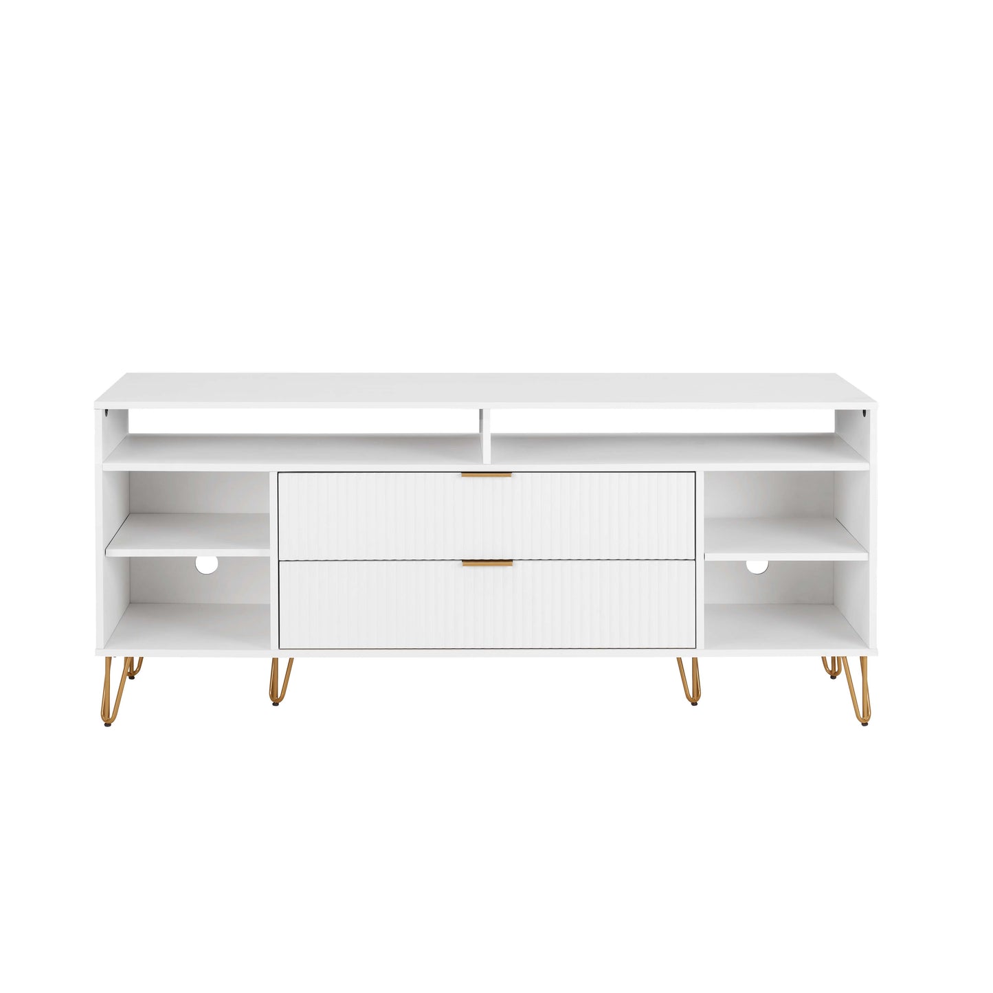 DUMBO 63" Mid-Century Modern TV Stand with 6 Shelves and 2 Drawers in White