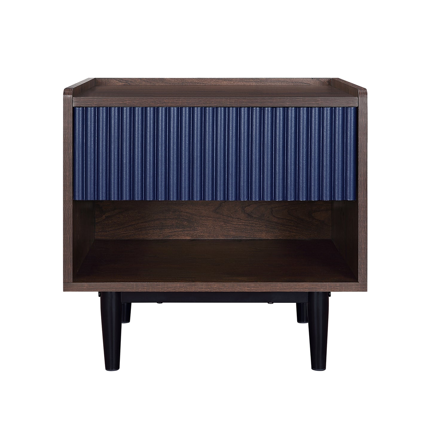 Duane Modern Ribbed Nightstand with Full Extension Drawer in Dark Brown and Navy Blue