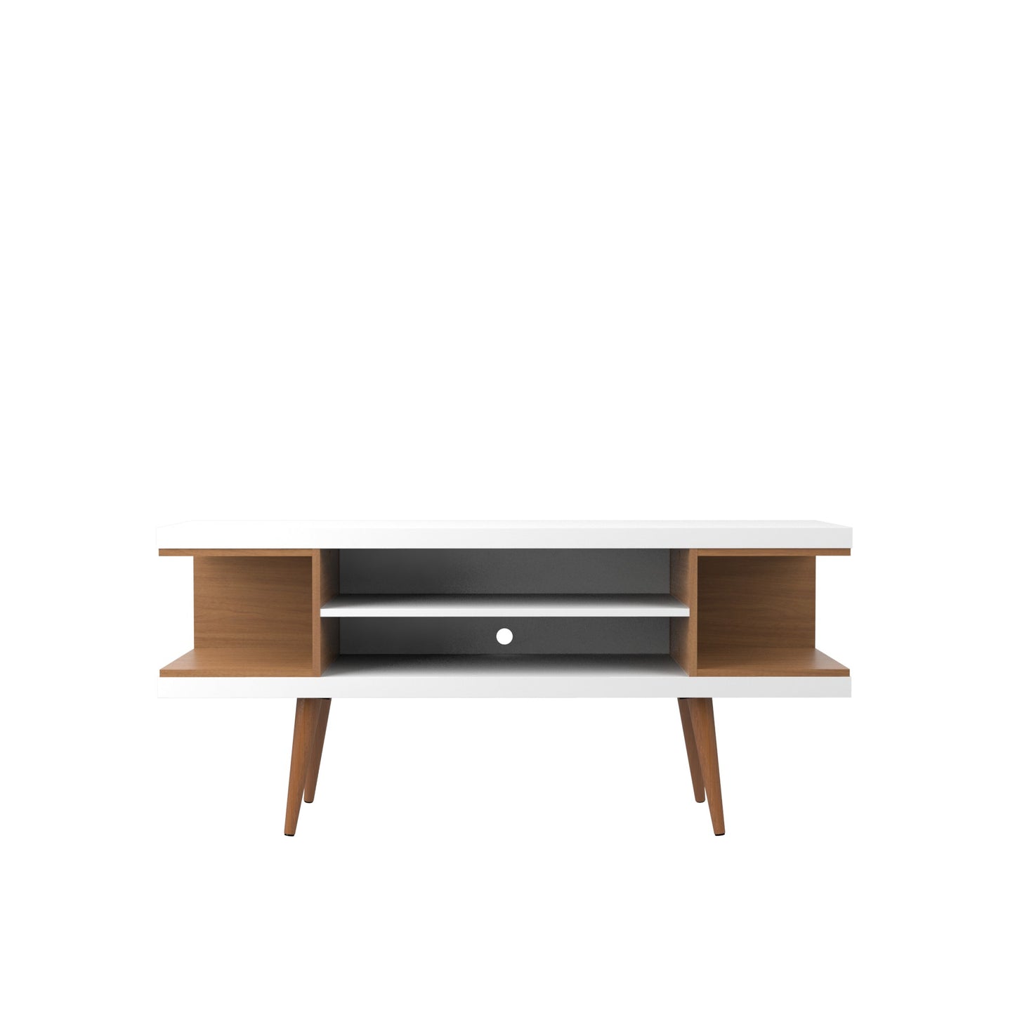 Utopia 53.14" TV Stand with Splayed Wooden Legs and 4 Shelves in White Gloss and Maple Cream