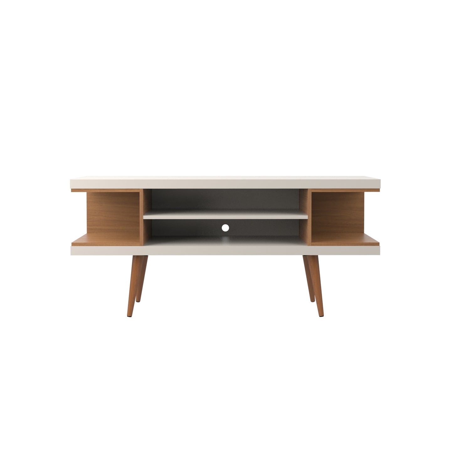 Utopia 53.14" TV Stand with Splayed Wooden Legs and 4 Shelves in Off White and Maple Cream