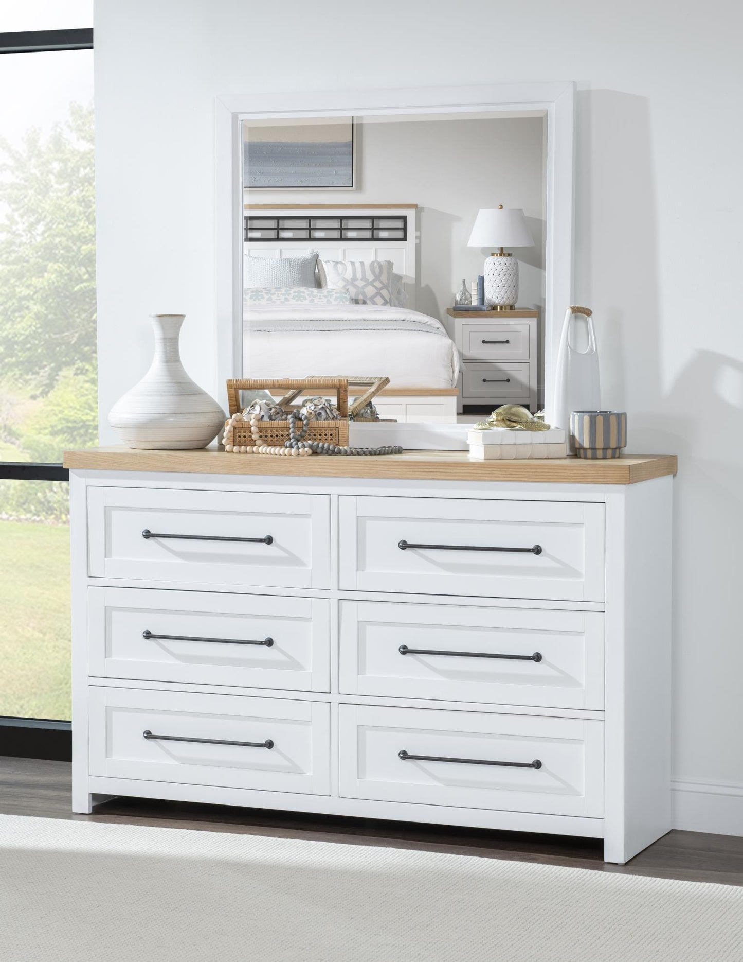 Horizons - Beveled Mirror - Pure White / Natural Oak