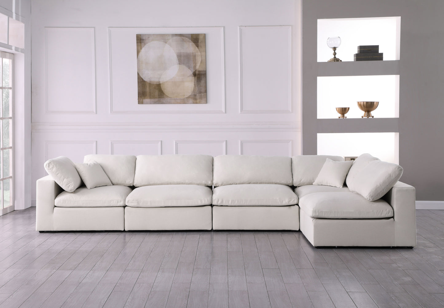 Serene - Linen Textured Fabric Deluxe Comfort Modular Sectional 5 Piece - Cream