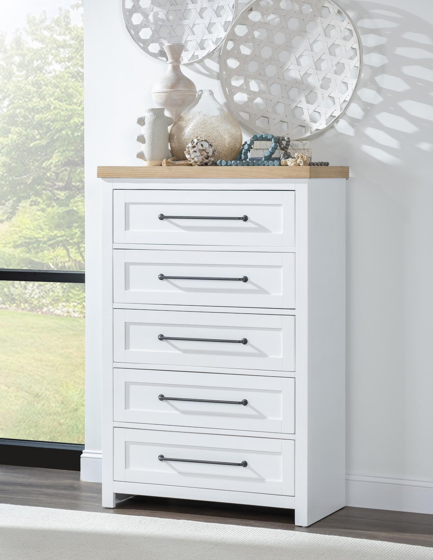 Horizons - 5 Drawers Chest - Pure White / Natural Oak