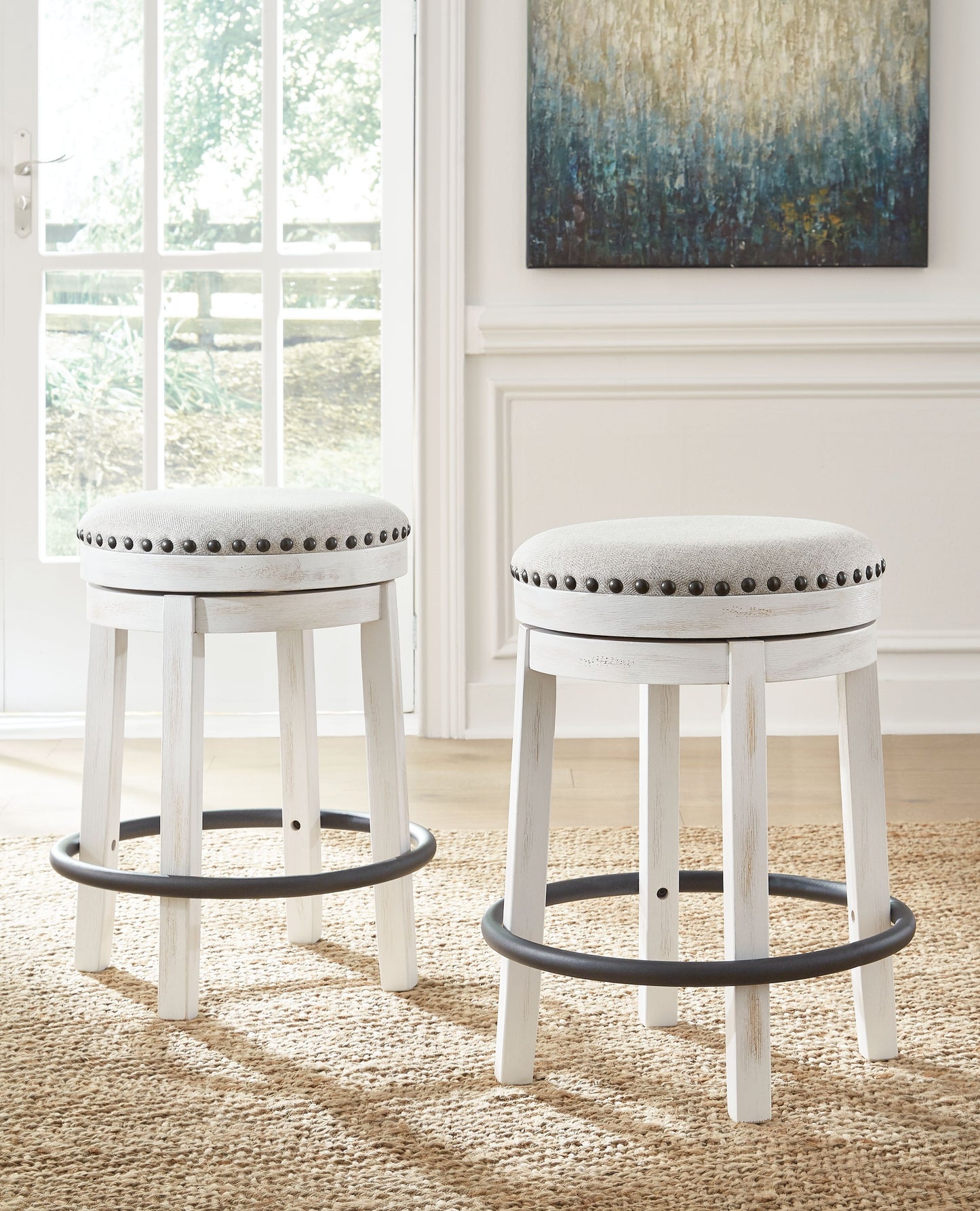 Valebeck - 5 Pc. - Counter Table With Wine Rack, 4 Swivel Stools - White / Brown