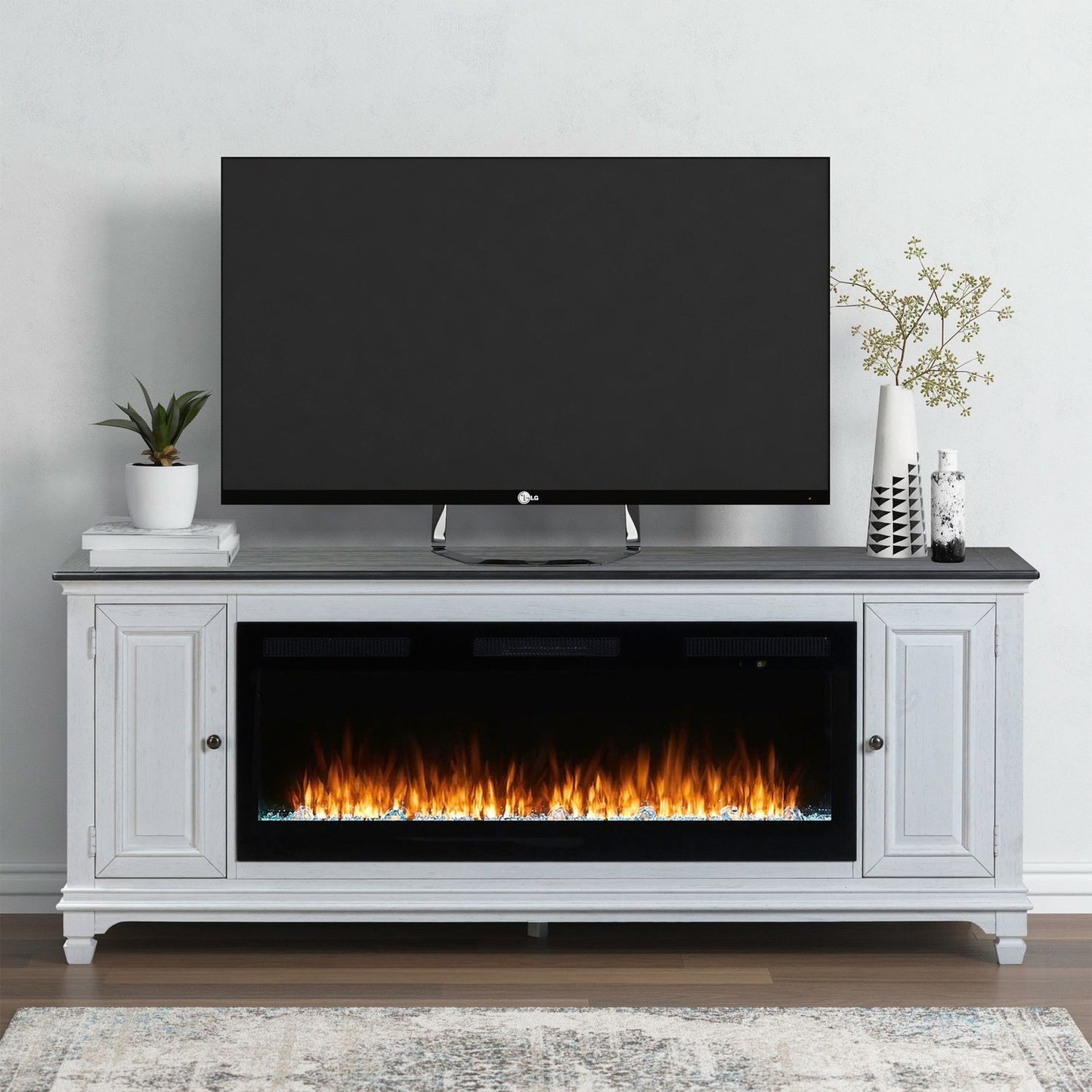 Fireplace TV Consoles - 417 80" Console With Fire FTS - White