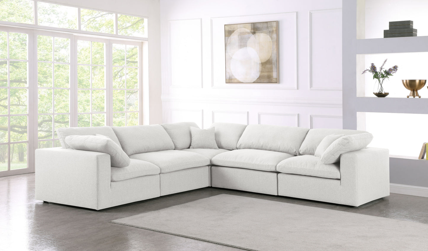 Serene - Linen Textured Fabric Deluxe Comfort 5 Piece Modular Sectional - Cream