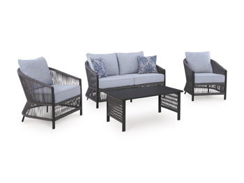 Bridges Beach - Loveseat, Lounge Chairs, Table Set (Set of 4) - Gray