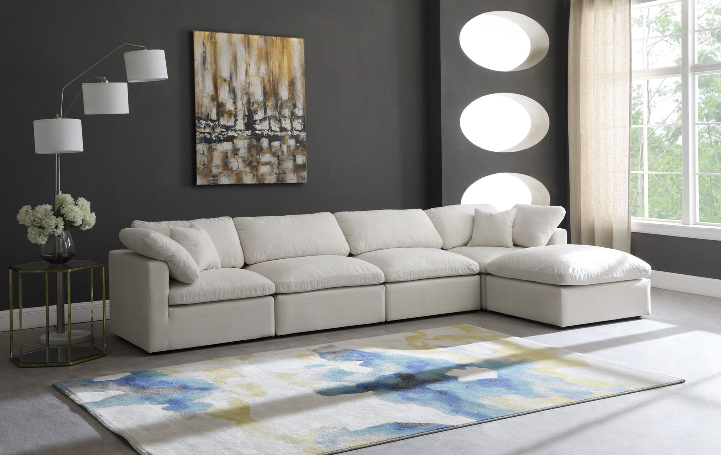 Plush - Velvet Standart Comfort Modular Sectional 5 Piece - Cream - Fabric