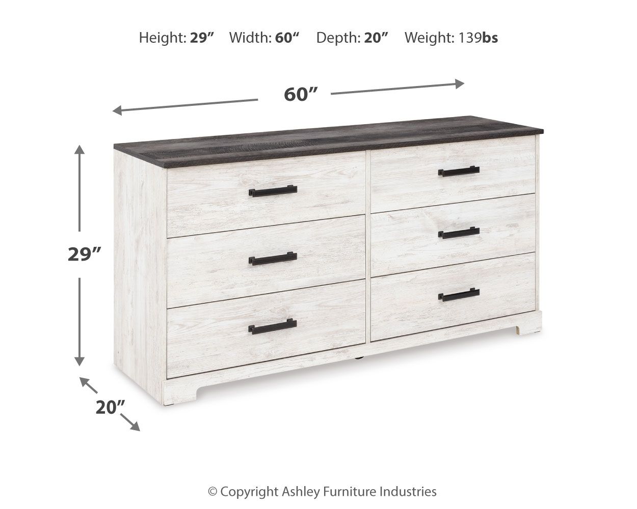 Shawburn - White / Black / Gray - Six Drawer Dresser - Pewter-tone Pulls