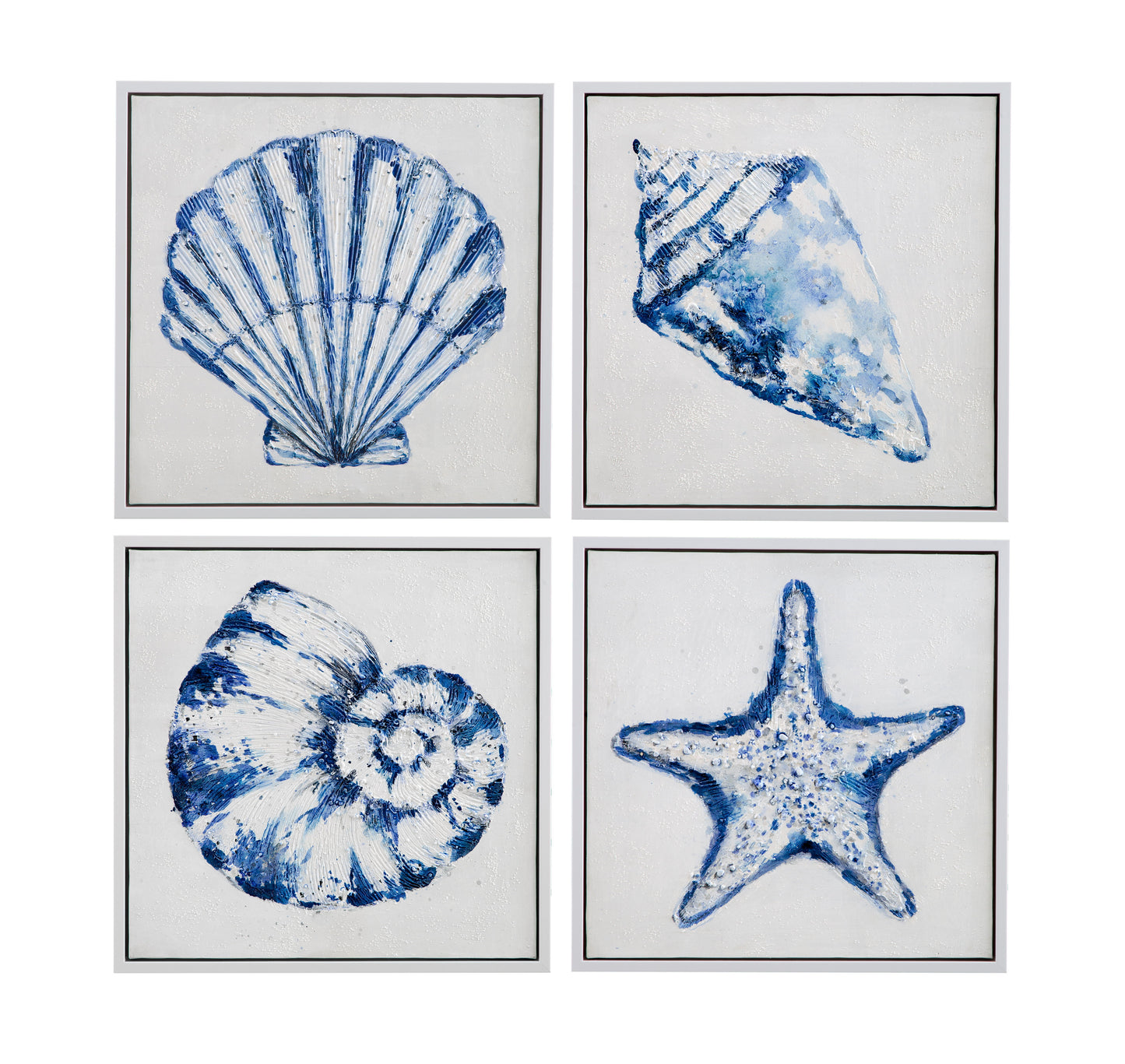 Shells Framed Canvas (Set of 4) - Blue / White