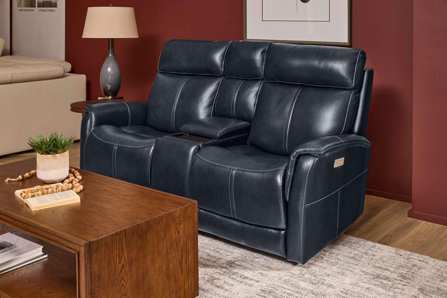 View - Power Reclining Loveseat With Console, Power Headrest & Lumbar