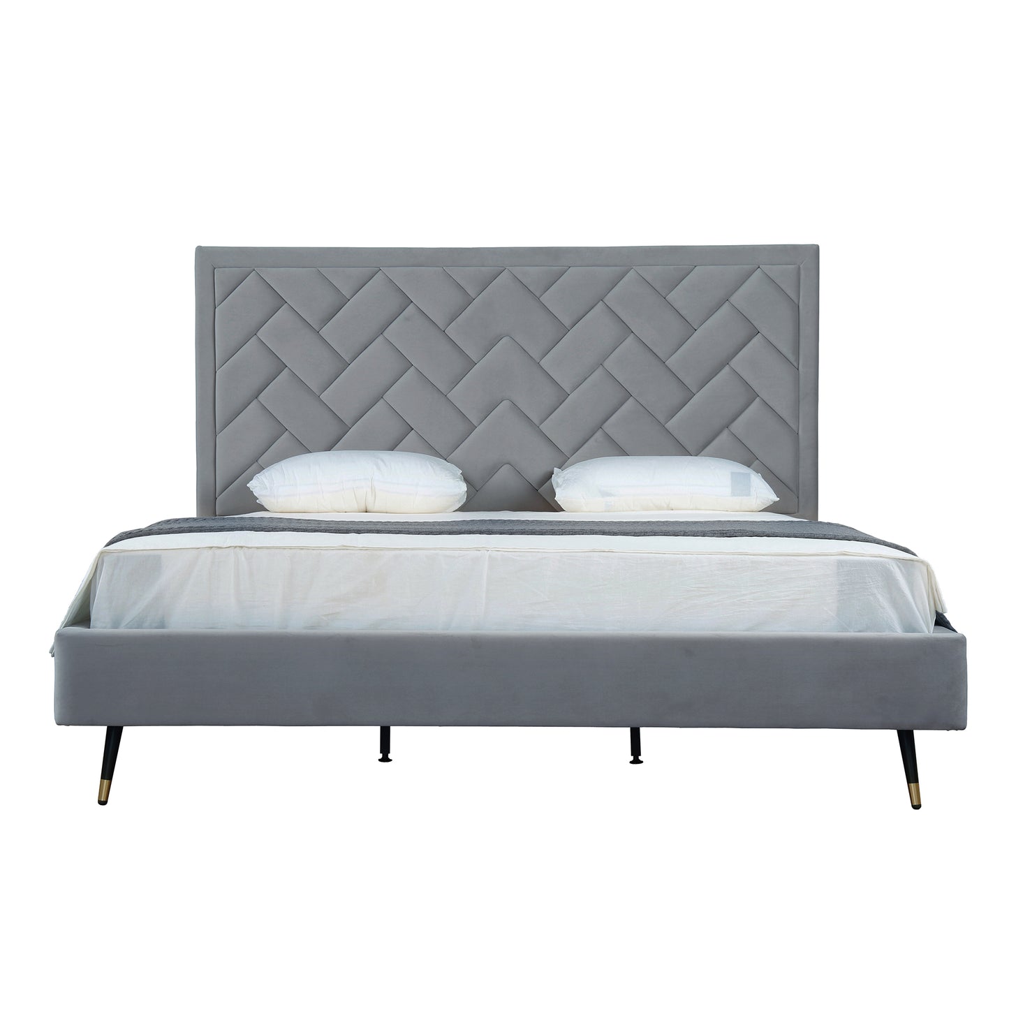 Crosby Modern King-Size Upholstered Velvet Bedframe and Headboard in Grey