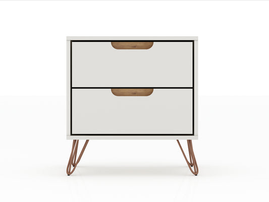 Rockefeller 2.0 Mid-Century- Modern Nightstand with 2-Drawer in Off White and Nature