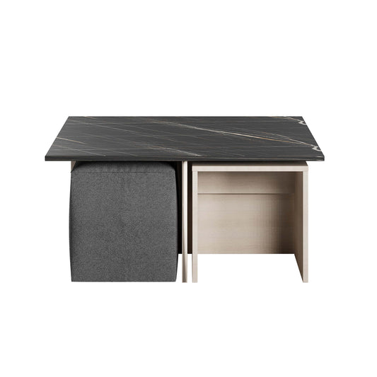 Haley Mid-Century Modern Nested Coffee Table & Ottoman Set in White & Black Marble