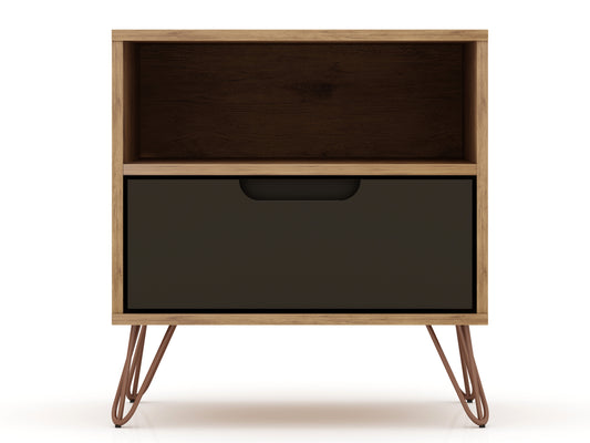 Rockefeller 1.0 Mid-Century- Modern Nightstand with 1-Drawer in Nature and Textured Grey