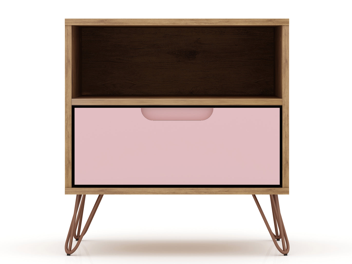 Rockefeller 1.0 Mid-Century- Modern Nightstand with 1-Drawer in Nature and Rose Pink