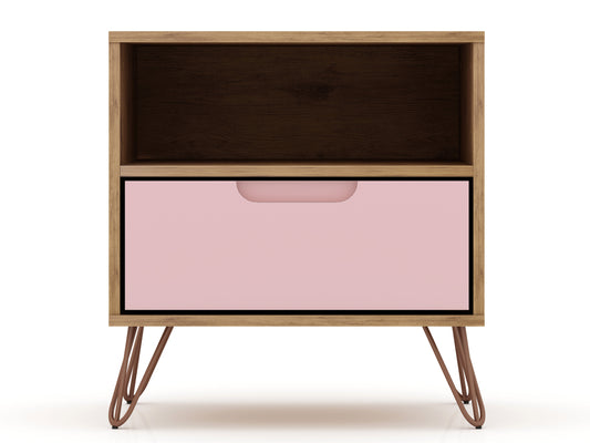 Rockefeller 1.0 Mid-Century- Modern Nightstand with 1-Drawer in Nature and Rose Pink
