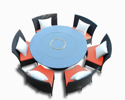 Nightingdale Black 7-Piece Rattan Outdoor Dining Set with Orange and White Cushions