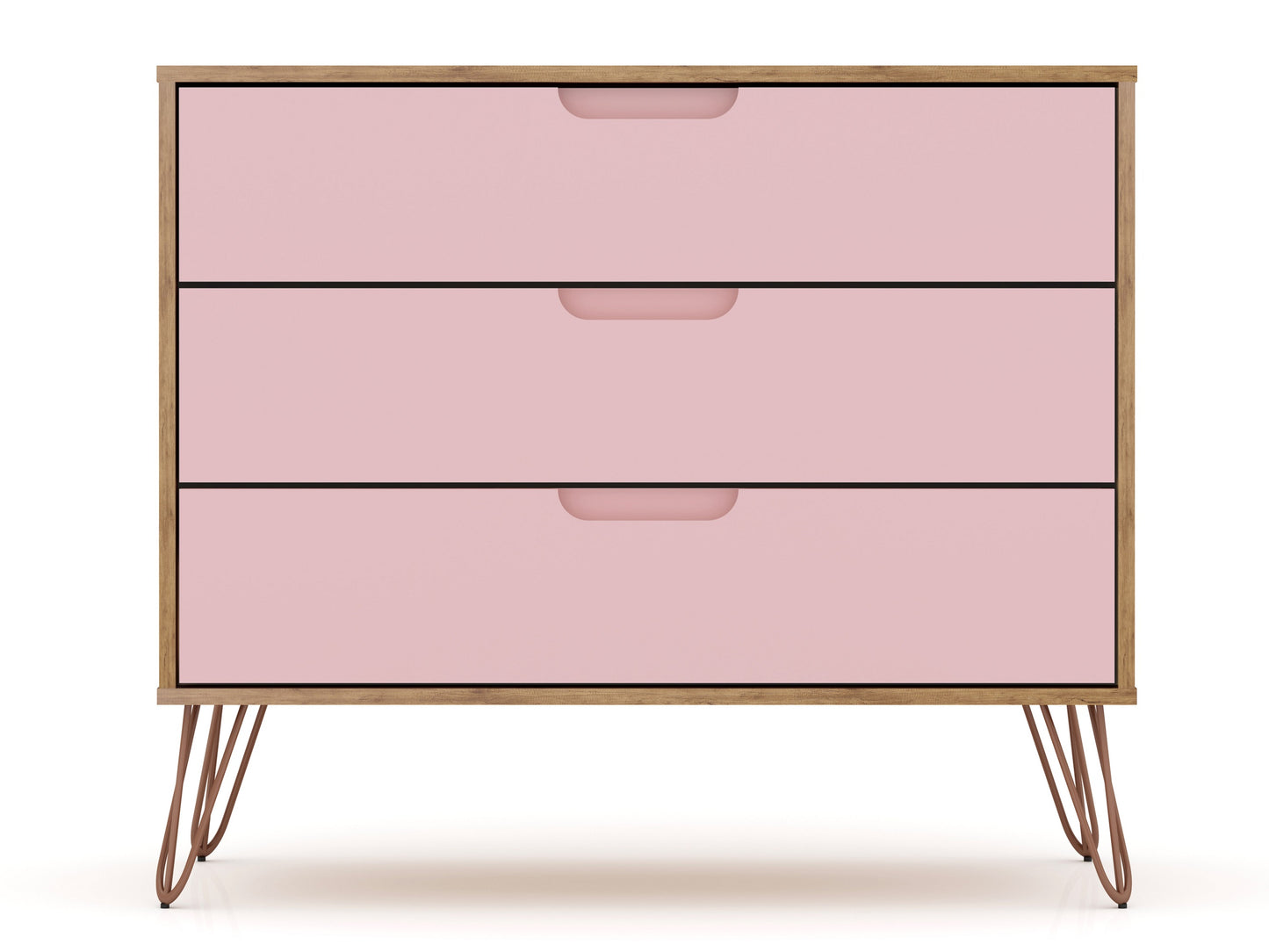 Rockefeller Mid-Century- Modern Dresser with 3-Drawers in Nature and Rose Pink