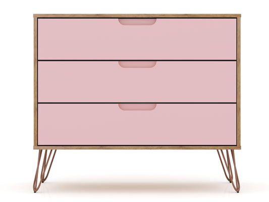 Rockefeller Mid-Century- Modern Dresser with 3-Drawers in Nature and Rose Pink