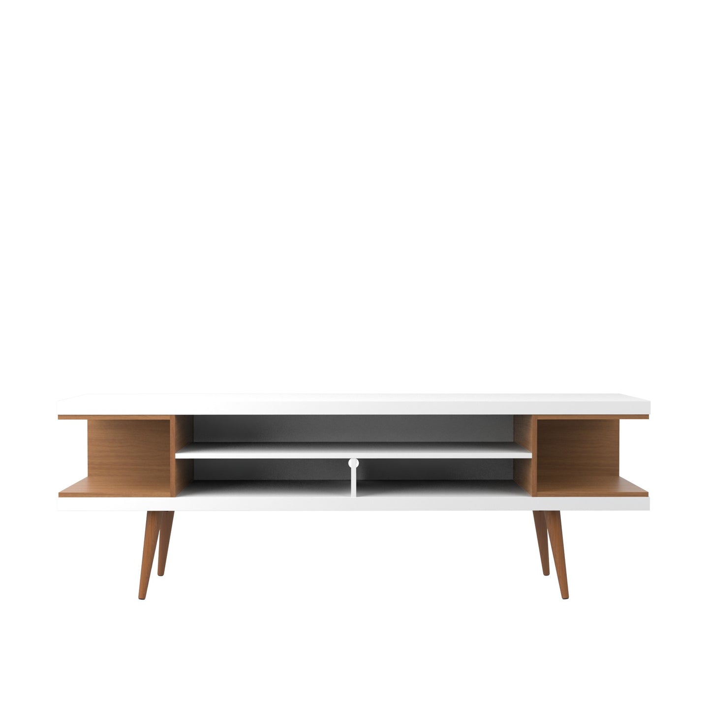 Utopia 70.47" TV Stand with Splayed Wooden Legs and 4 Shelves in White Gloss and Maple Cream