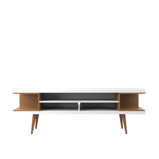 Utopia 70.47" TV Stand with Splayed Wooden Legs and 4 Shelves in White Gloss and Maple Cream