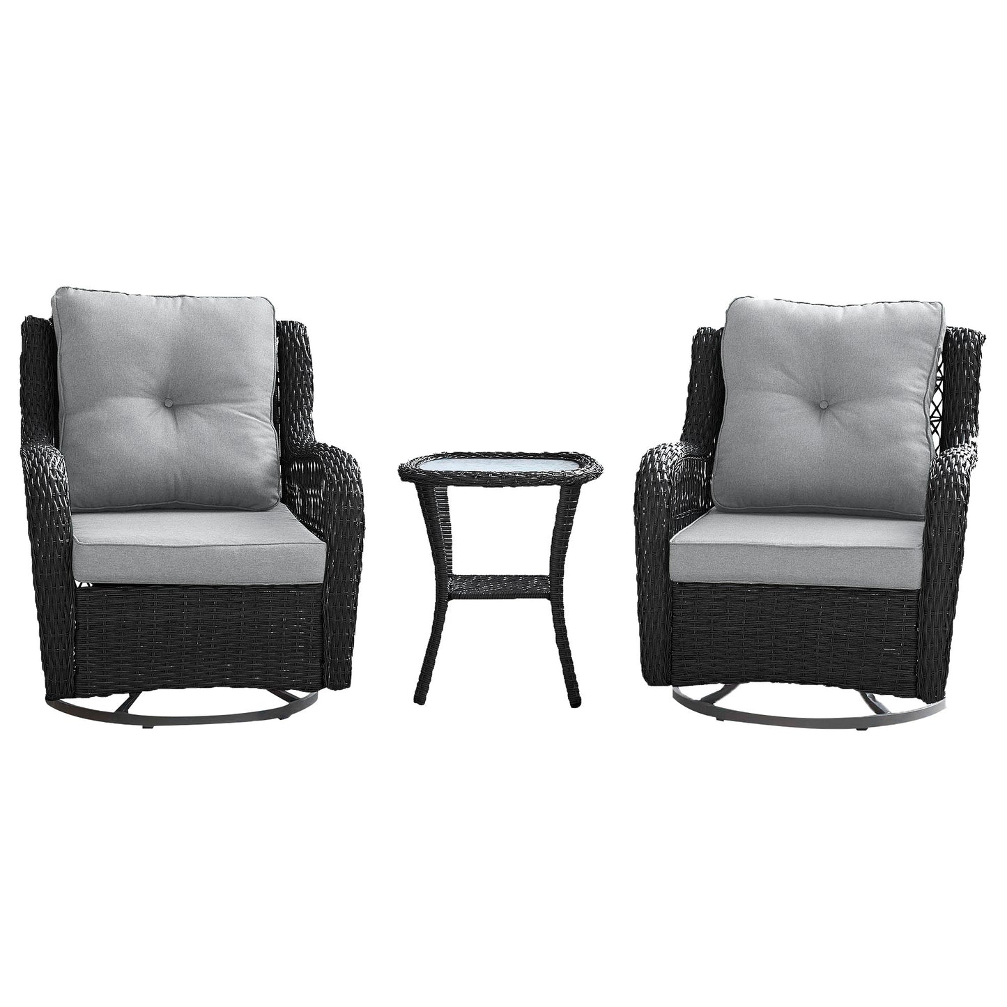 Fruttuo Swivel Steel Rattan 3-Piece Patio Conversation Set with Cushions in Grey