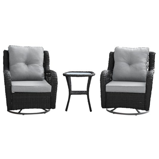 Fruttuo Swivel Steel Rattan 3-Piece Patio Conversation Set with Cushions in Grey