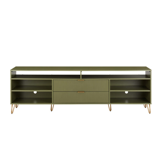 DUMBO 85" Mid-Century Modern TV Stand with 6 Shelves and 2 Drawers in Olive Green