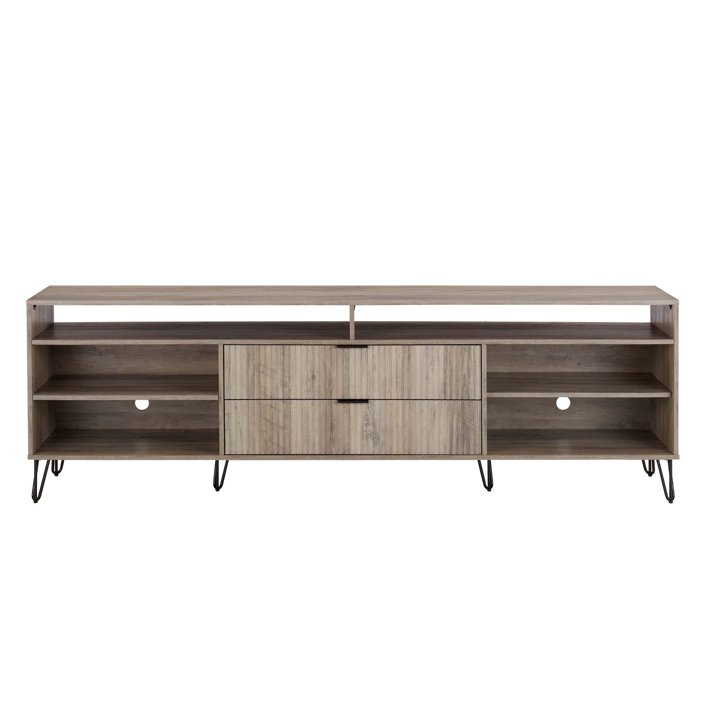 DUMBO 85" Mid-Century Modern TV Stand with 6 Shelves and 2 Drawers in Rustic Grey