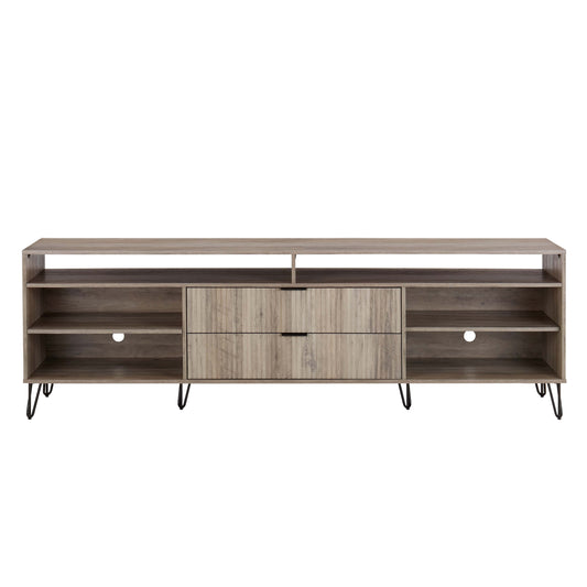 DUMBO 85" Mid-Century Modern TV Stand with 6 Shelves and 2 Drawers in Rustic Grey