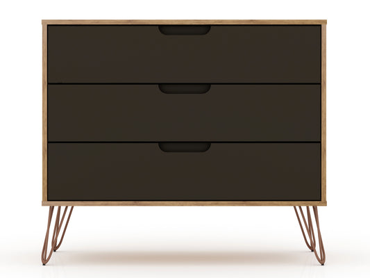 Rockefeller Mid-Century- Modern Dresser with 3-Drawers in Nature and Textured Grey