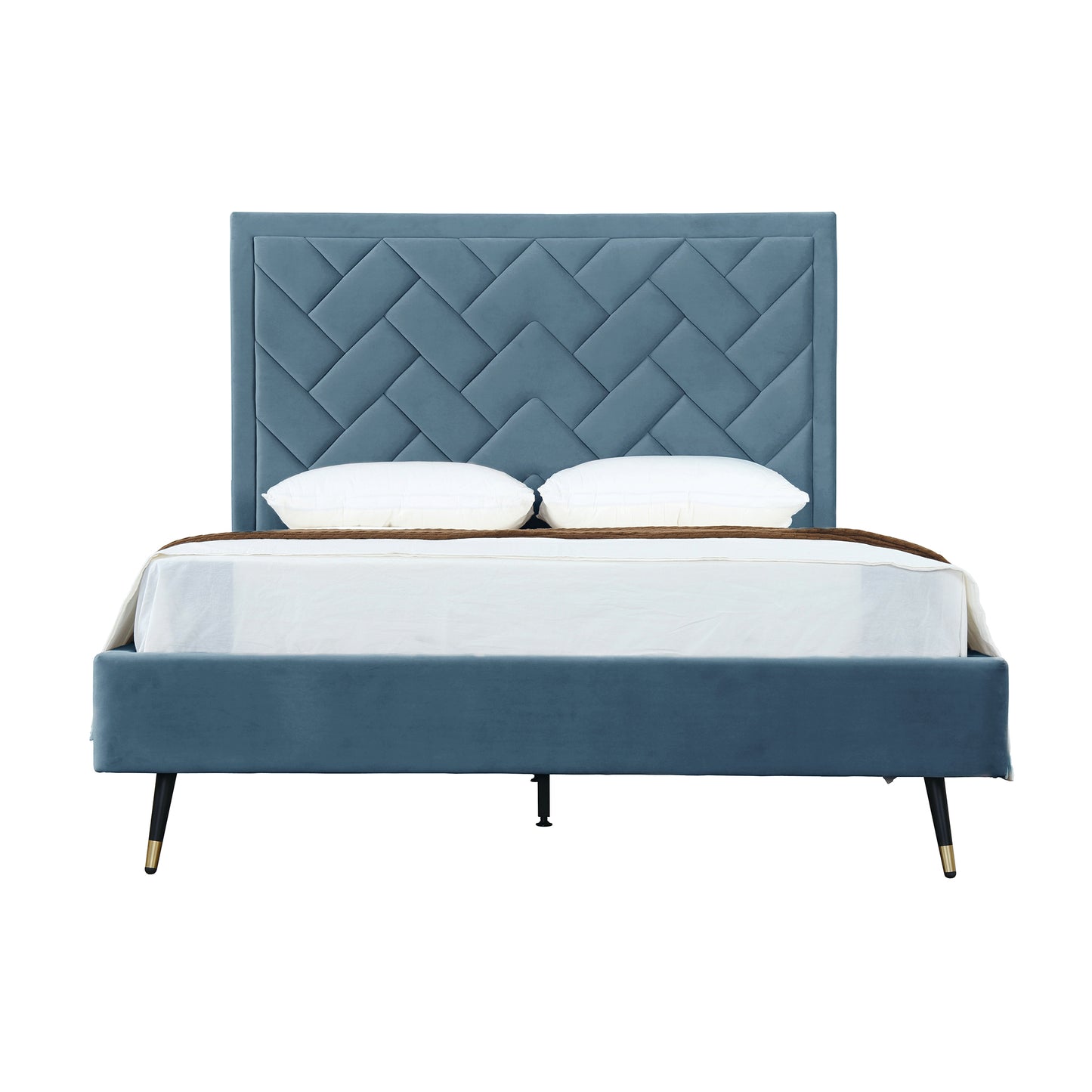 Crosby Modern Queen-Size Upholstered Velvet Bedframe and Headboard in Blue