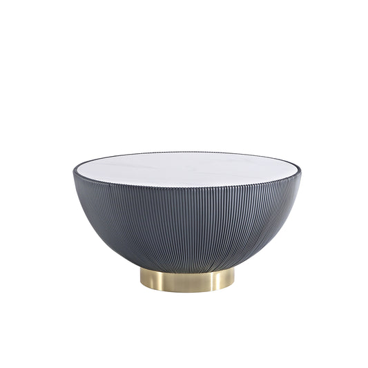 Modern Anderson Coffee Table Upholstered in Grey Leatherette with Ceramic Faux Marble Tabletop