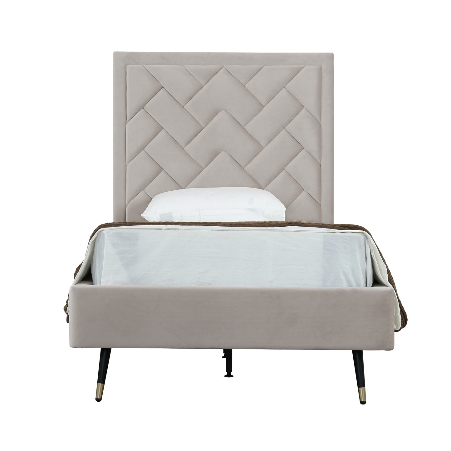 Crosby Modern Twin-Size Upholstered Velvet Bedframe and Headboard in Greige