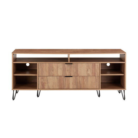 DUMBO 63" Mid-Century Modern TV Stand with 6 Shelves and 2 Drawers in Golden Brown