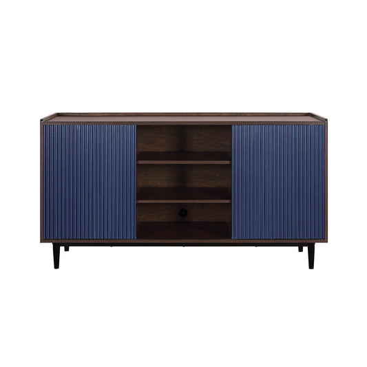 Duane 59.05 Modern Ribbed Sideboard with Adjustable Shelves in Dark Brown and Navy Blue
