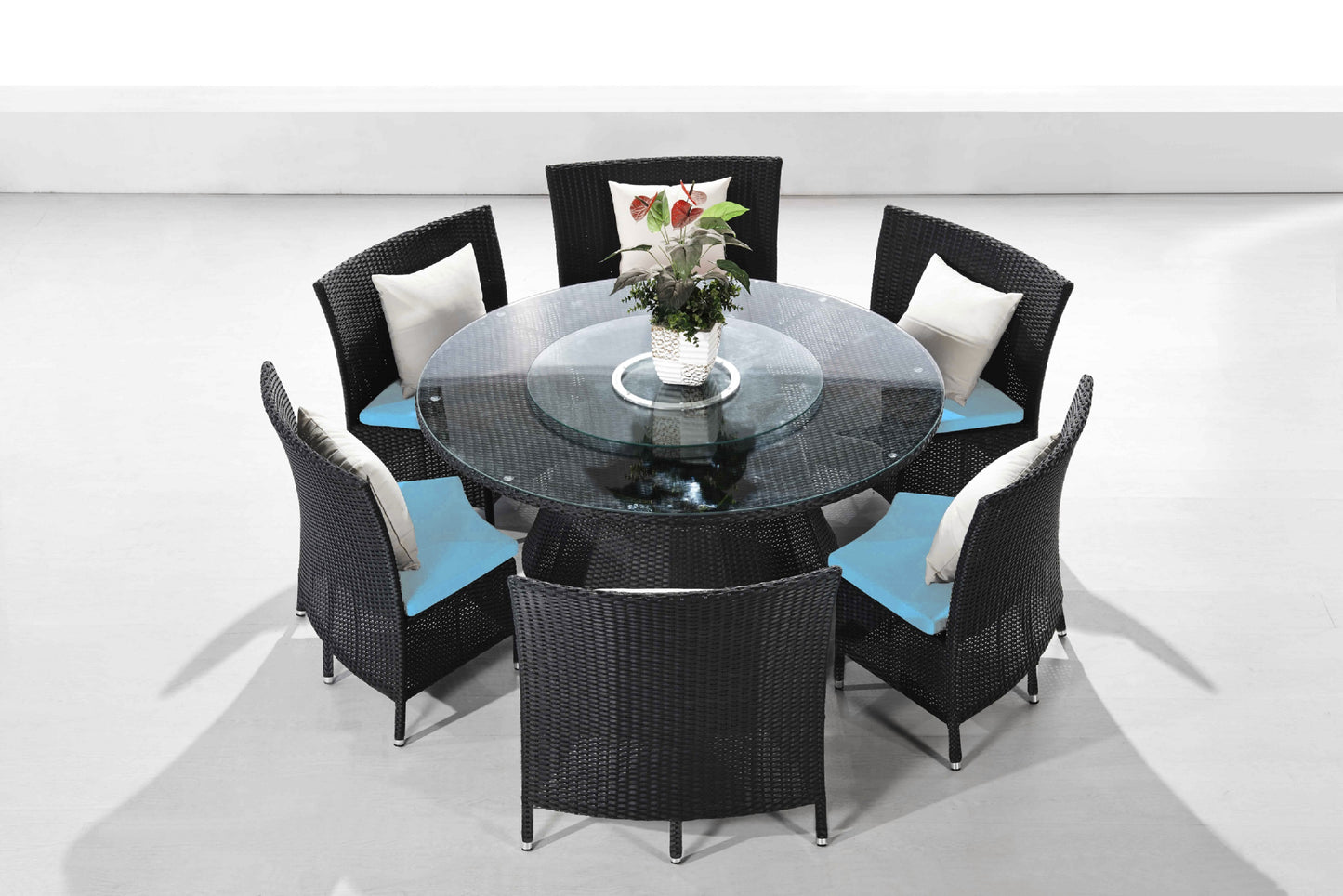 Nightingdale Black 7-Piece Rattan Outdoor Dining Set with Sky Blue and White Cushions