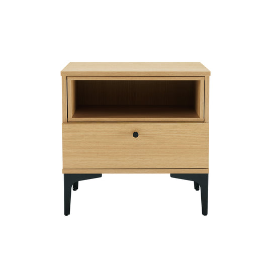 Modern Amara Nightstand with 1 Full Extension Drawer and Metal Legs in Natural Oak
