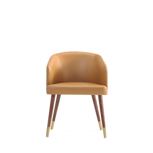 Modern Raya Dining Chair Upholstered in Leatherette with Beech Wood Back and Solid Wood Legs in Walnut and Camal