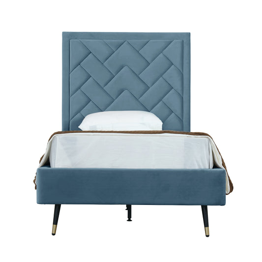 Crosby Modern Twin-Size Upholstered Velvet Bedframe and Headboard in Blue