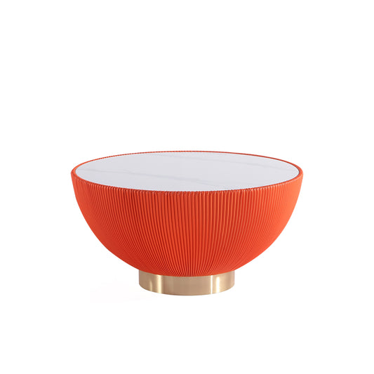 Modern Anderson Coffee Table Upholstered in Orange Leatherette with Ceramic Faux Marble Tabletop