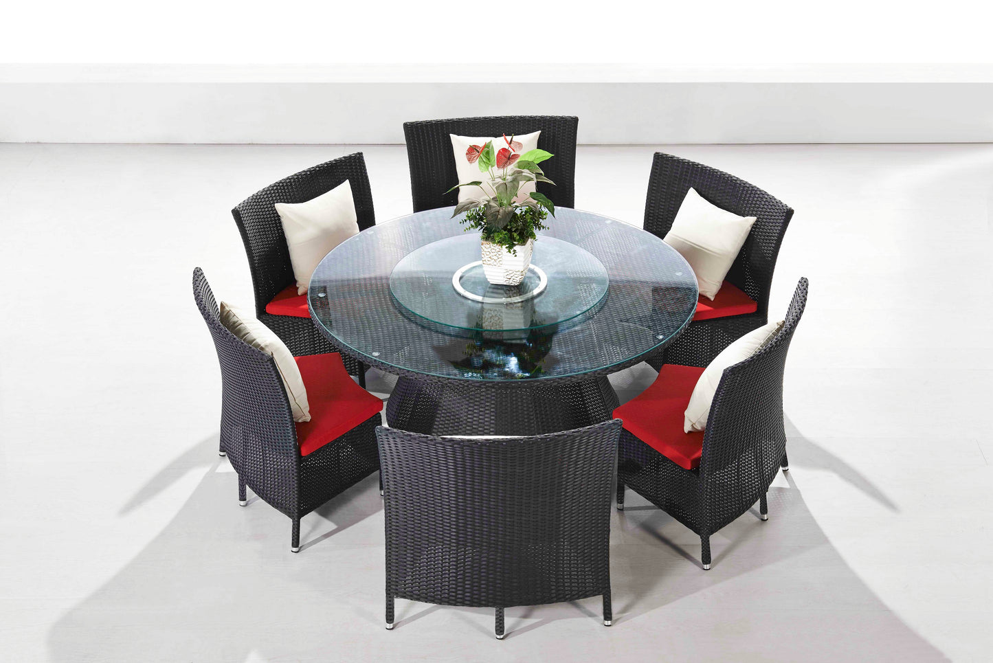 Nightingdale Black 7-Piece Rattan Outdoor Dining Set with Red and White Cushions
