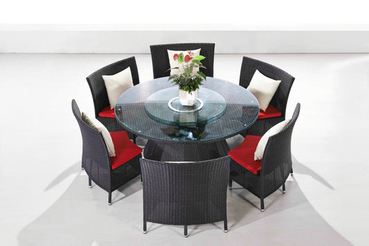 Nightingdale Black 7-Piece Rattan Outdoor Dining Set with Red and White Cushions